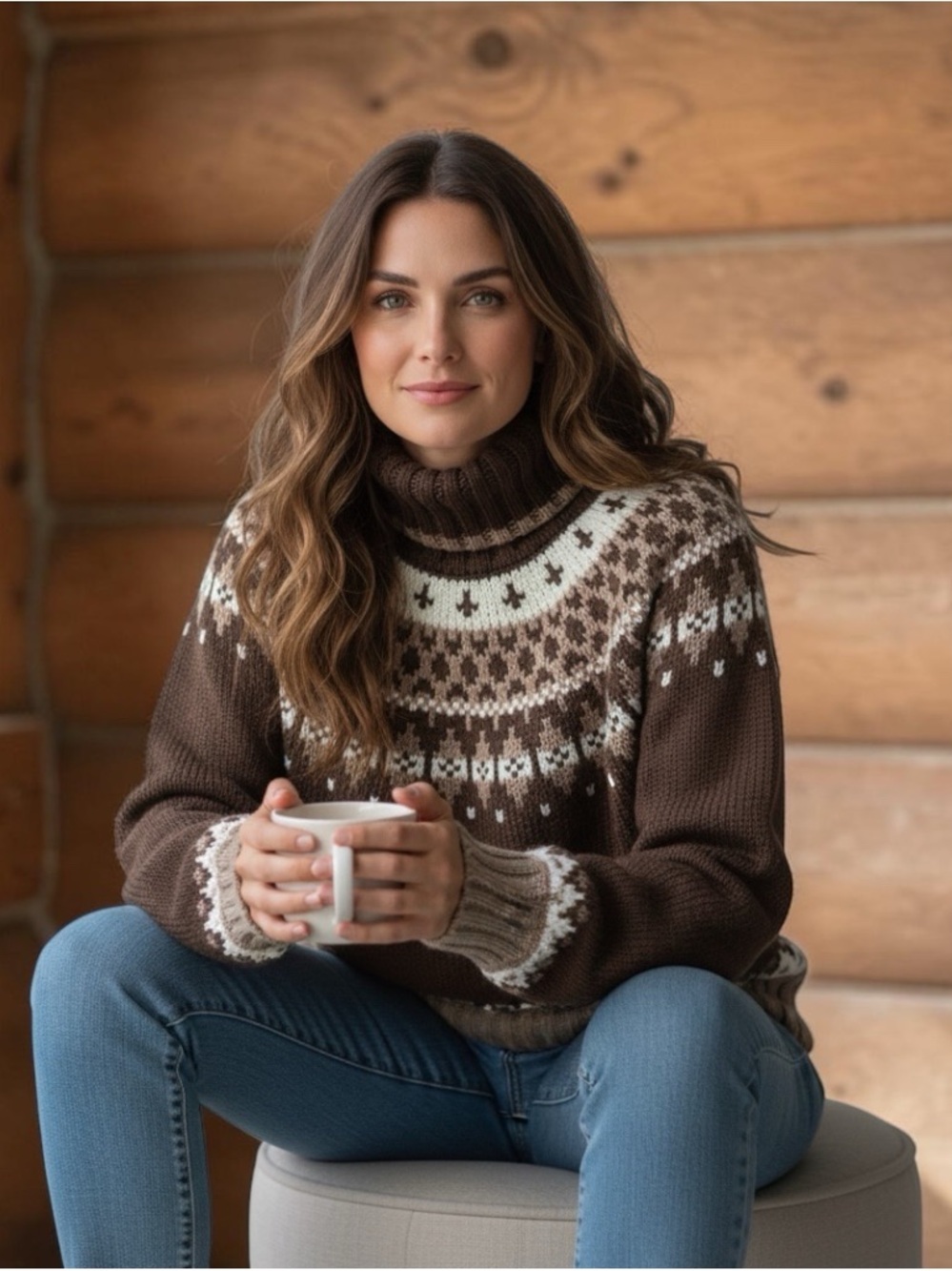 St. John’s Bay Fair Isle Chunky Knit Turtleneck Sweater Brown Women’s Large